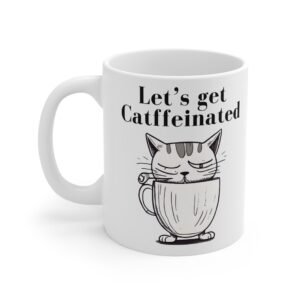 Let’s Get Catfeinated Mug – Funny Cat Coffee Cup for Cat Lovers, Cute One Eye Open Kitty Gift