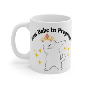 Boss Babe In Progress Dubbing Cat Mug – Cute Cat Lover Coffee Cup, Funny Cat Mom Gift, Feminine Cat-Themed Mug for Pet Lovers