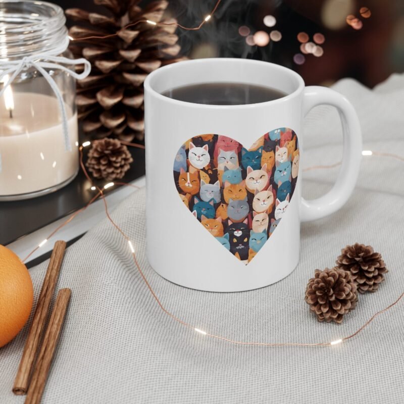 Heart Shaped Cat Mug – Cute Cat Lover Coffee Cup with Adorable Kitty Group Design - Image 4
