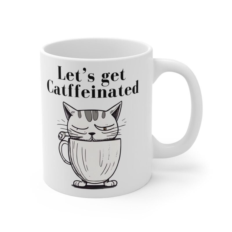 Let’s Get Catfeinated Mug – Funny Cat Coffee Cup for Cat Lovers, Cute One Eye Open Kitty Gift - Image 3
