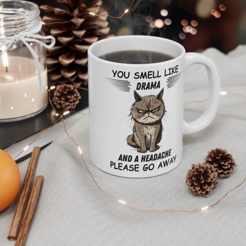 Funny Grumpy Cats Mug – You Smell Like Drama and a Headache – Sarcastic Coffee Cup for Cat Lovers - Image 4