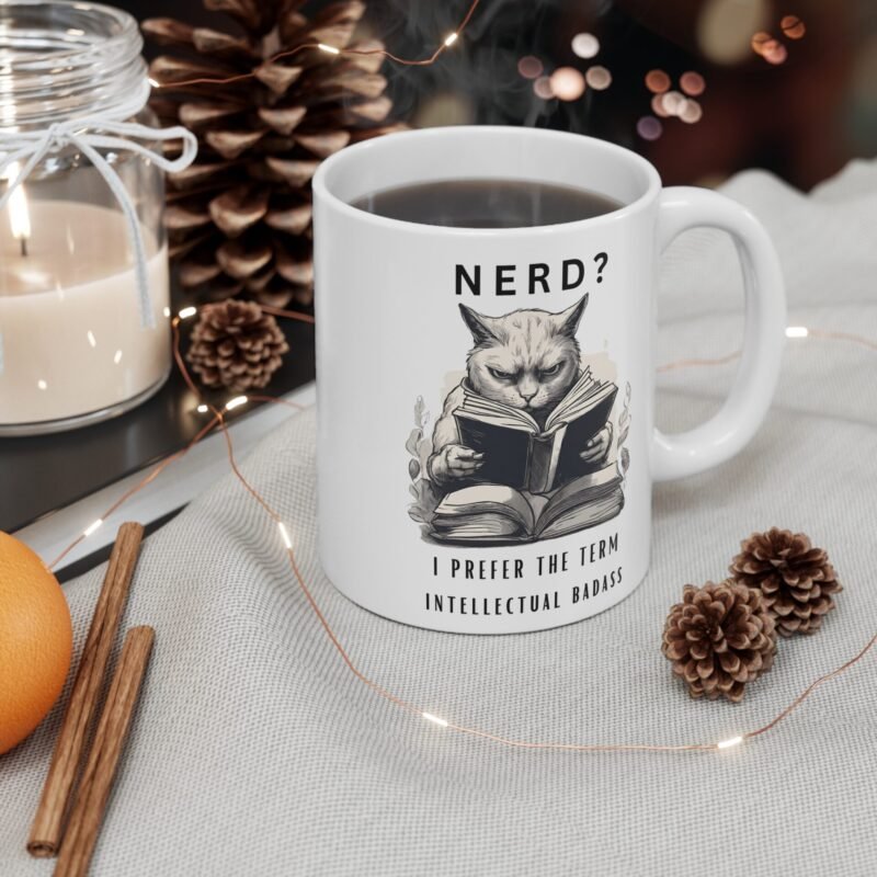 Funny Cat Mug for Book Lovers – Nerd? I Prefer Intellectual Badass – Cute Gift for Cat Lovers And Readers - Image 4