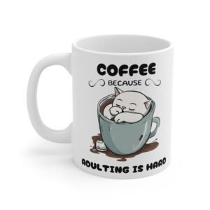 Funny Cat Coffee Mug – Cute Sleeping Kitten Cup with 'Coffee Because Adulting is Hard- Quote – Gift for Cat Lovers And Coffee Drinkers