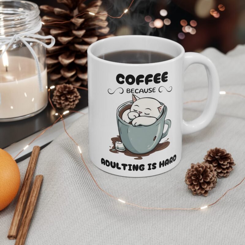 Funny Cat Coffee Mug – Cute Sleeping Kitten Cup with 'Coffee Because Adulting is Hard- Quote – Gift for Cat Lovers And Coffee Drinkers - Image 4