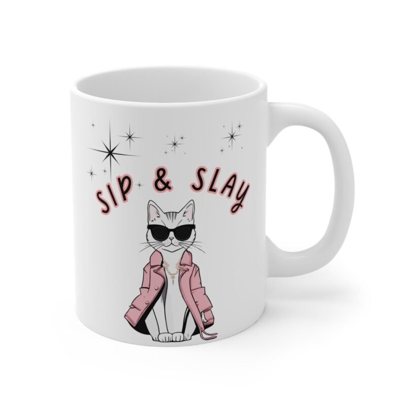 Sip and Slay Cat Mug – Palacepals Funny Sassy Cat Coffee Cup for Cat Lovers, Cute Kitty in Glasses And Coat – Gift for Cat Moms And Pet Owners - Image 3