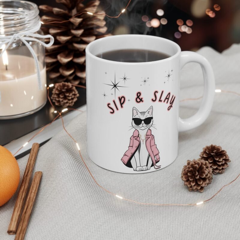 Sip and Slay Cat Mug – Palacepals Funny Sassy Cat Coffee Cup for Cat Lovers, Cute Kitty in Glasses And Coat – Gift for Cat Moms And Pet Owners - Image 4