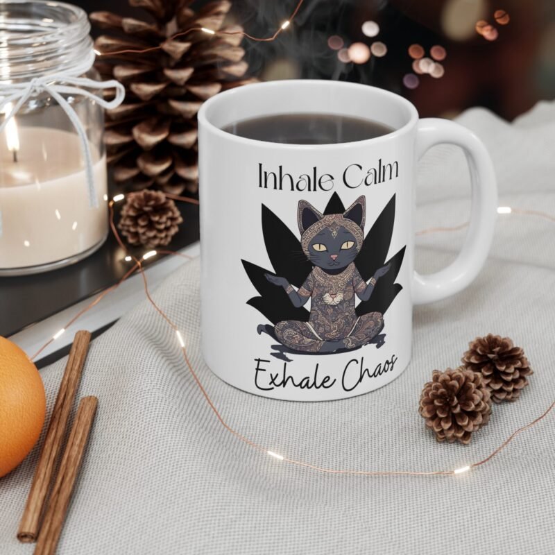Cat Yoga Mug – Inhale Calm Exhale Chaos Funny Pet Lover Coffee Cup for Cat Moms And Meditation Lovers - Image 4