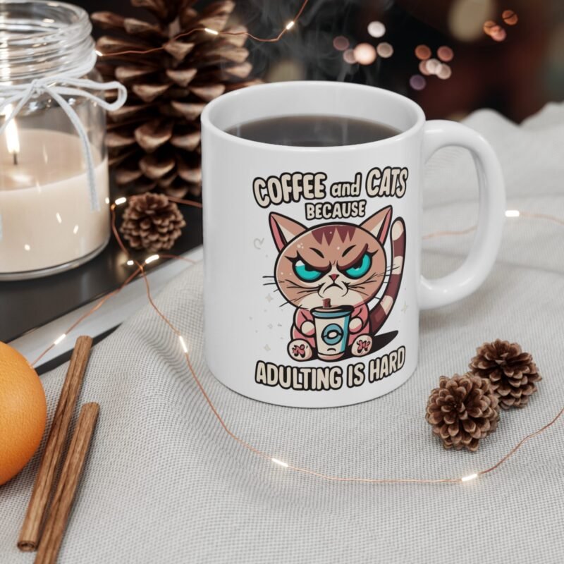 Grumpy Cat Coffee Mug – Funny Pet Lover Gift | Coffee and Cats, Because Adulting is Hard- Cup for Cat Moms And Dads - Image 4