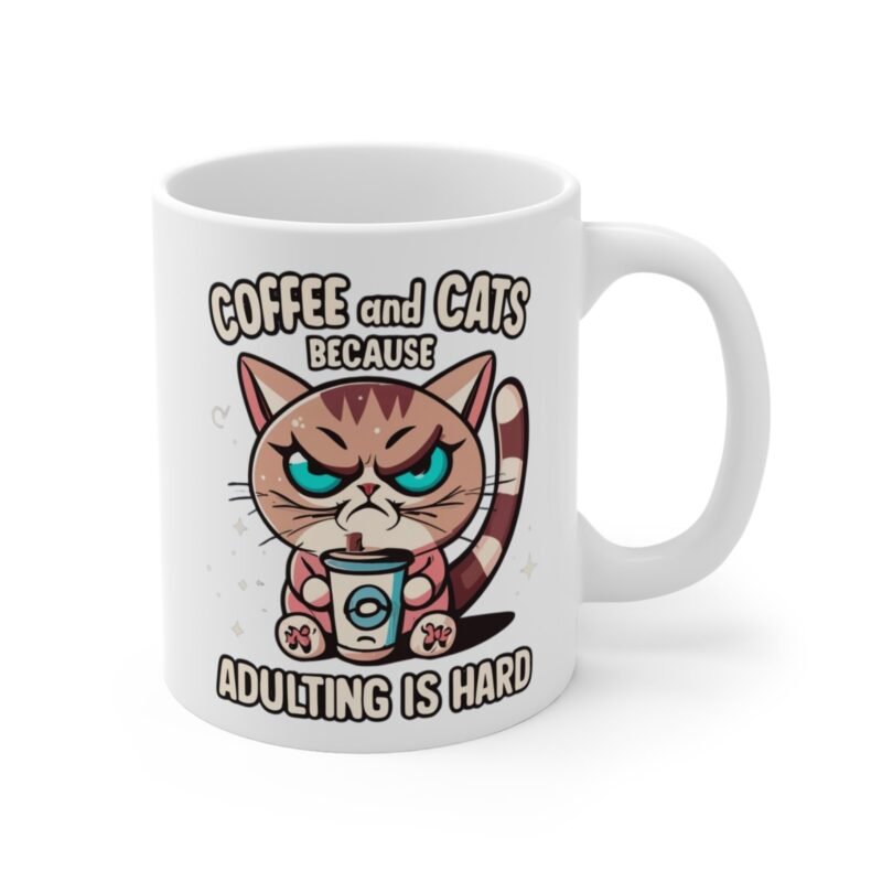 Grumpy Cat Coffee Mug – Funny Pet Lover Gift | Coffee and Cats, Because Adulting is Hard- Cup for Cat Moms And Dads - Image 3