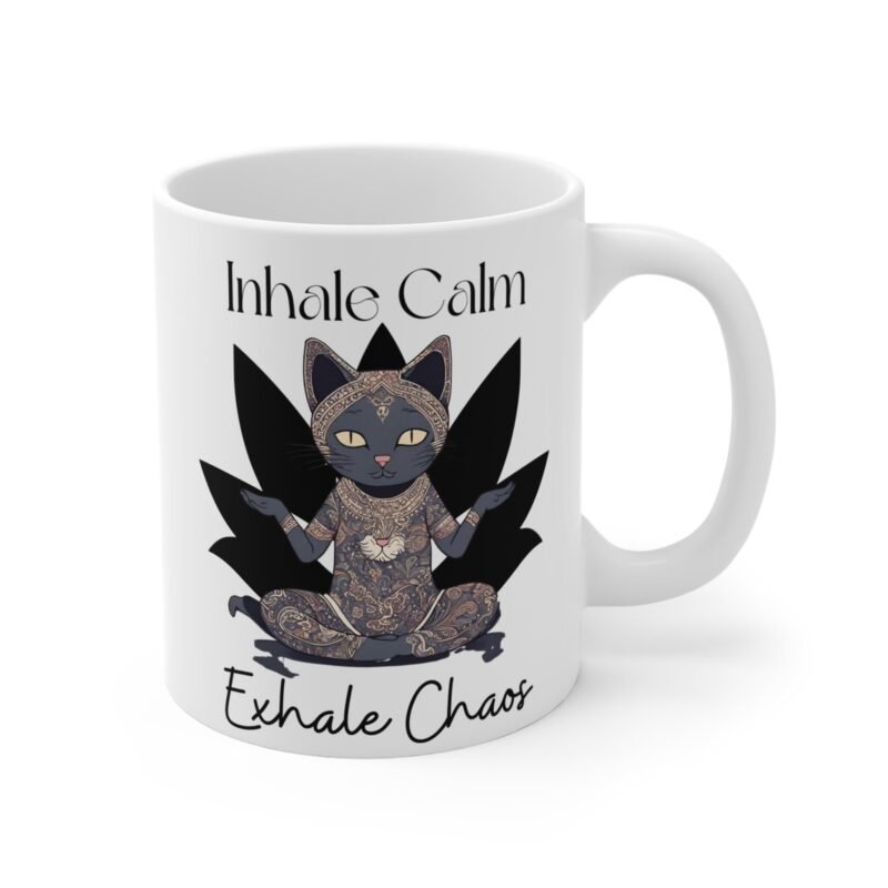 Cat Yoga Mug – Inhale Calm Exhale Chaos Funny Pet Lover Coffee Cup for Cat Moms And Meditation Lovers - Image 3