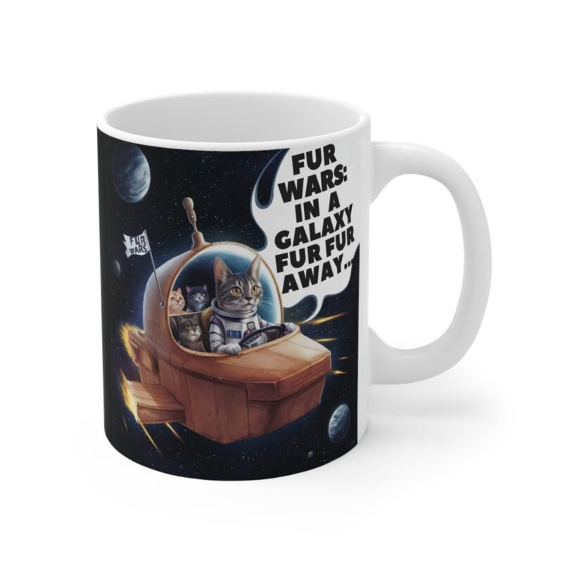 Fur Wars Cat Mug – Funny Space Cat Coffee Cup for Pet Lovers And Star Fans – Galaxy Fur Fur Away Novelty Gift - Image 3