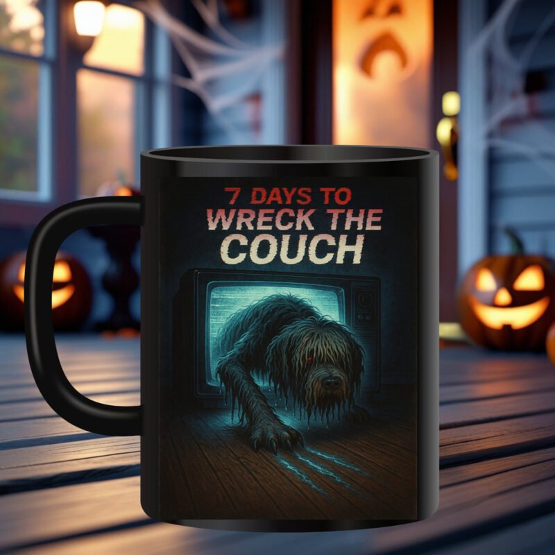 Horror Dog Mug – 7 Days to Wreck the Couch Ring-Inspired Funny Halloween Dog Design 11oz Black Mug - Image 5