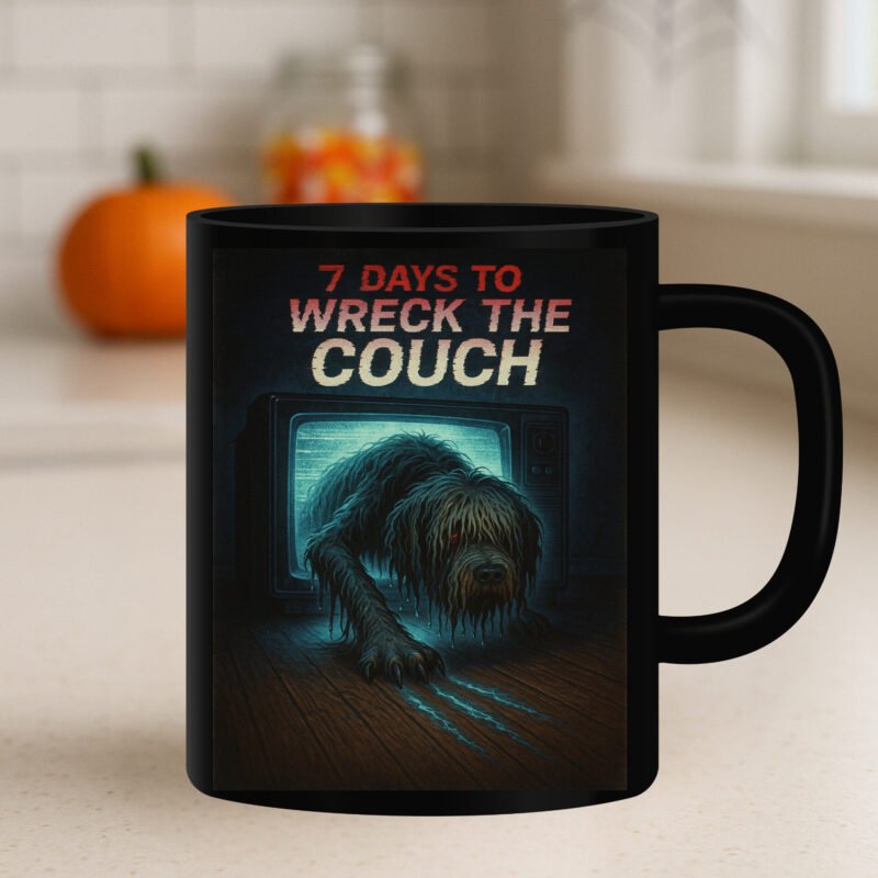 Horror Dog Mug – 7 Days to Wreck the Couch Ring-Inspired Funny Halloween Dog Design 11oz Black Mug - Image 4
