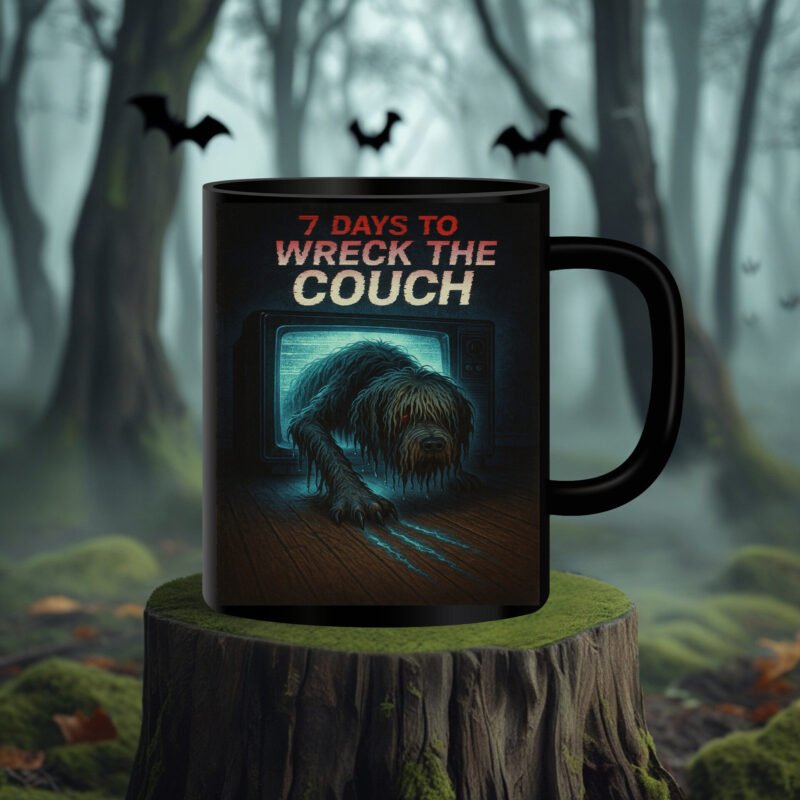 Horror Dog Mug – 7 Days to Wreck the Couch Ring-Inspired Funny Halloween Dog Design 11oz Black Mug