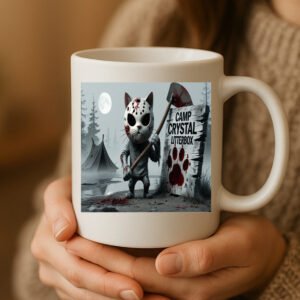 Camp Crystal Litter Box Cat Halloween Design – Friday the 13th Jason Voorhees Parody 11oz White Mug