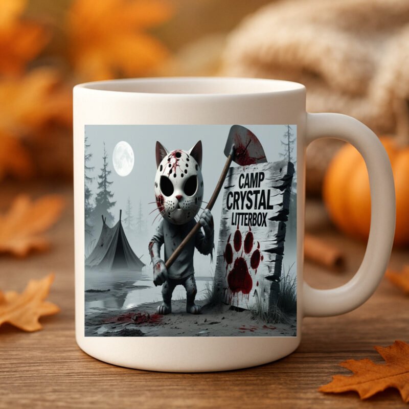 Camp Crystal Litter Box Cat Halloween Design – Friday the 13th Jason Voorhees Parody 11oz White Mug - Image 4