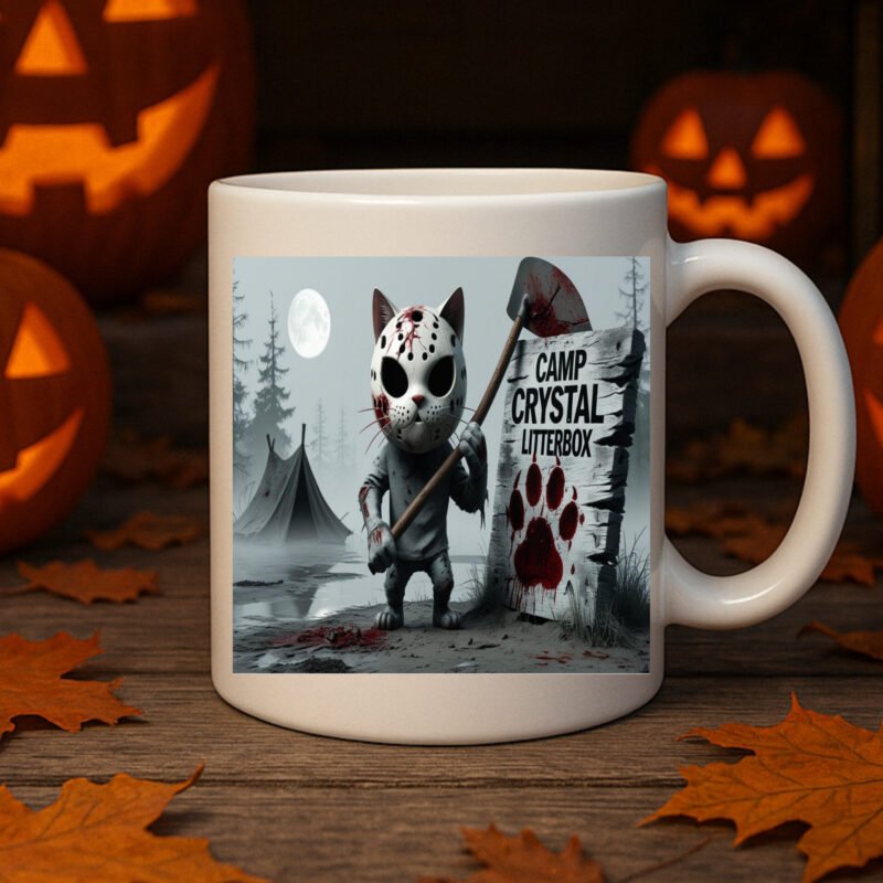 Camp Crystal Litter Box Cat Halloween Design – Friday the 13th Jason Voorhees Parody 11oz White Mug - Image 3