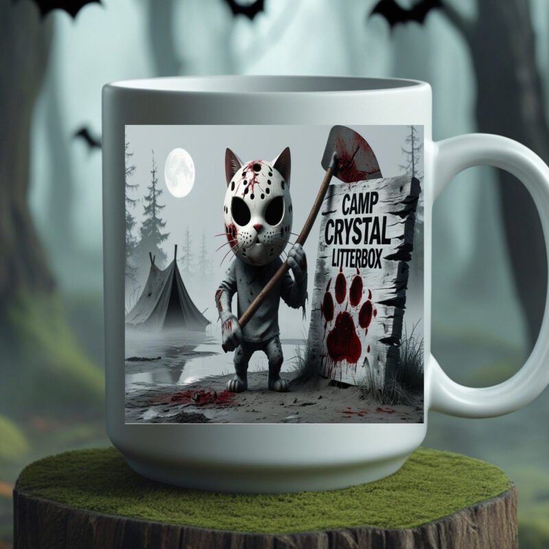 Camp Crystal Litter Box Cat Halloween Design – Friday the 13th Jason Voorhees Parody 11oz White Mug - Image 2