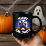 Cute Halloween Cat Mug – Spooky Haunted House & Pumpkin Design 11oz Black Mug