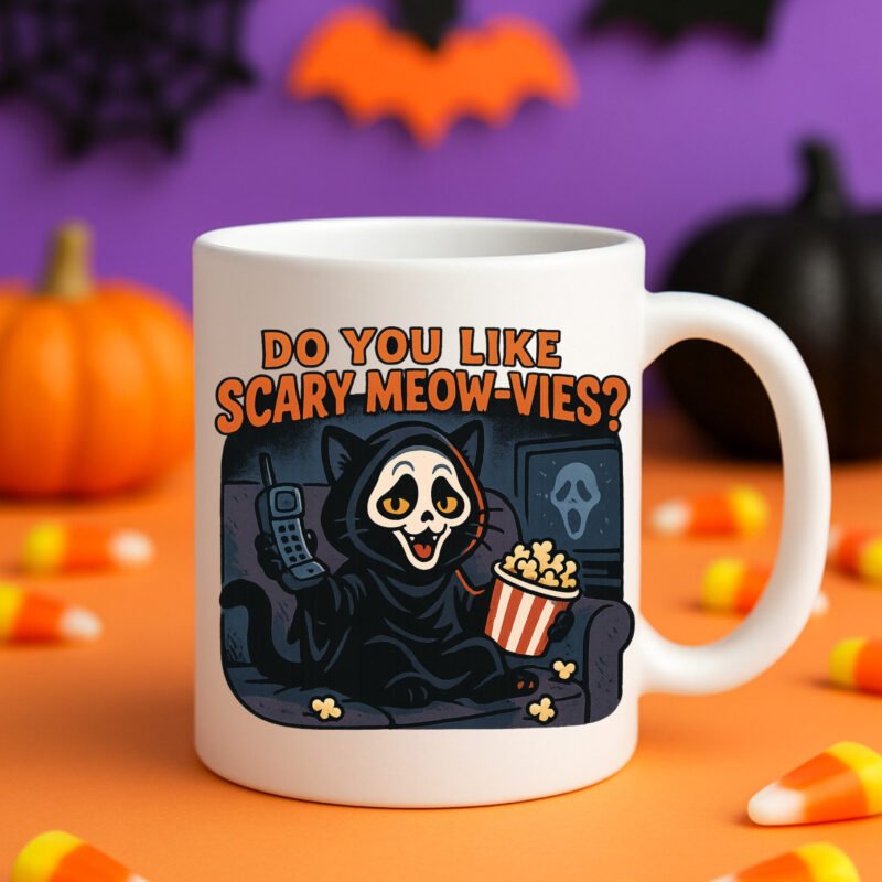 Funny Cat Halloween Design – Do You Like Scary Meow-vies? Ghostface-Inspired Mug for Cat Lovers 11oz White Mug - Image 5