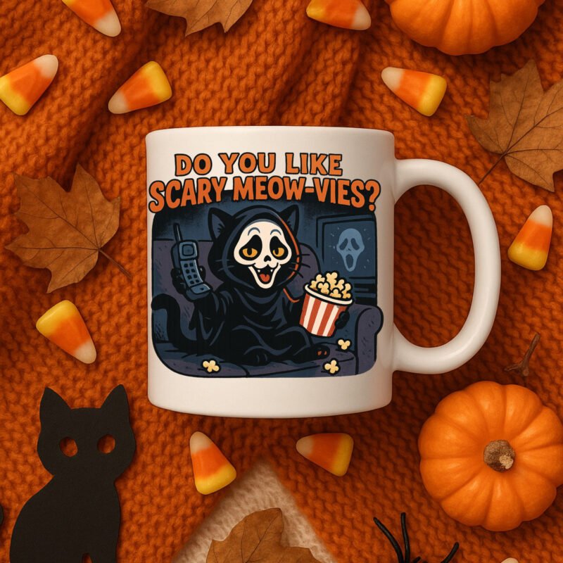 Funny Cat Halloween Design – Do You Like Scary Meow-vies? Ghostface-Inspired Mug for Cat Lovers 11oz White Mug - Image 4