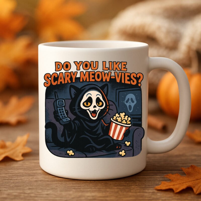 Funny Cat Halloween Design – Do You Like Scary Meow-vies? Ghostface-Inspired Mug for Cat Lovers 11oz White Mug - Image 3