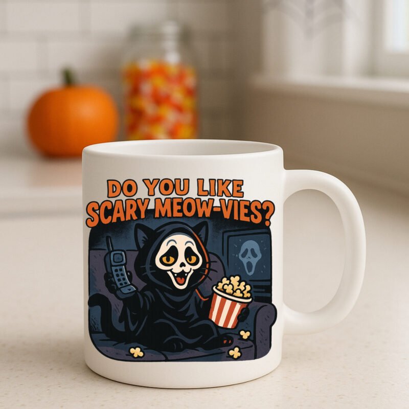 Funny Cat Halloween Design – Do You Like Scary Meow-vies? Ghostface-Inspired Mug for Cat Lovers 11oz White Mug - Image 2