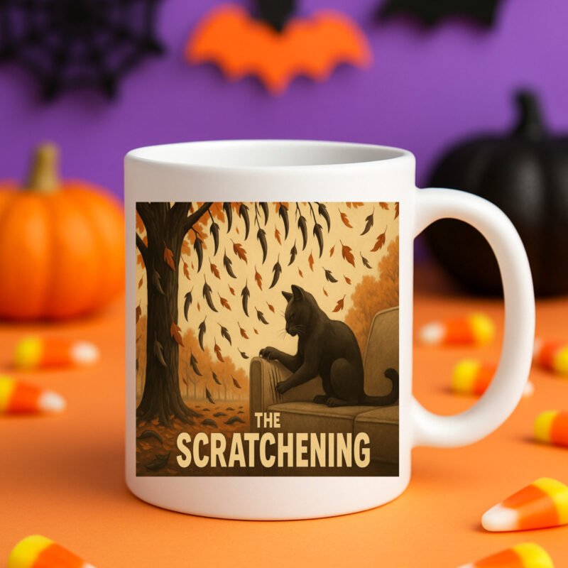 The Scratchening Cat Halloween Art Inspired by The Happening 11oz White Mug - Image 4
