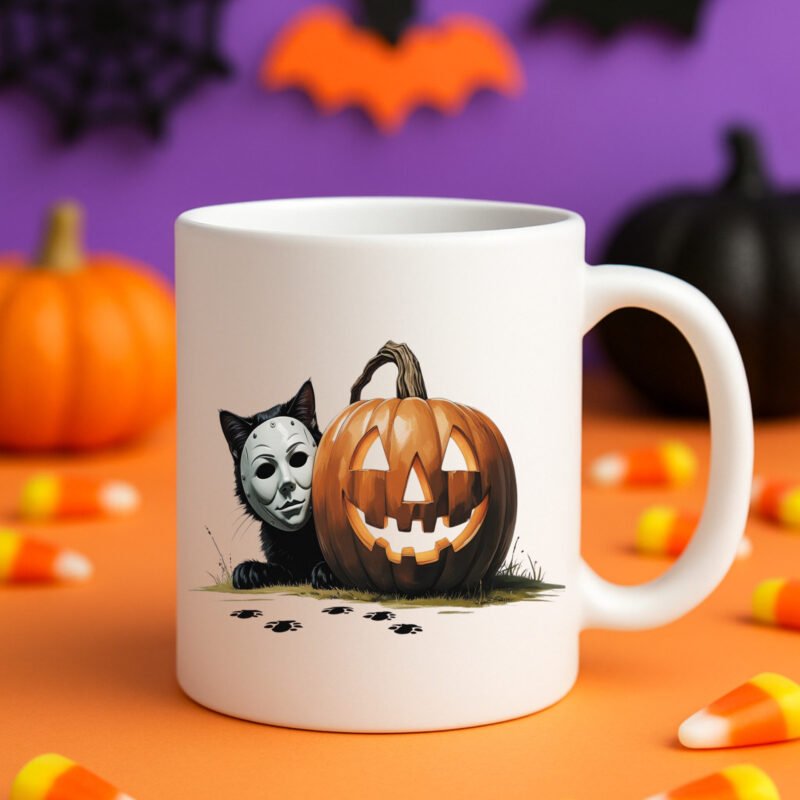 Michael Myers Cat Halloween Mug – Funny Pumpkin Horror Mug for Cat Lovers 11oz White Mug - Image 2