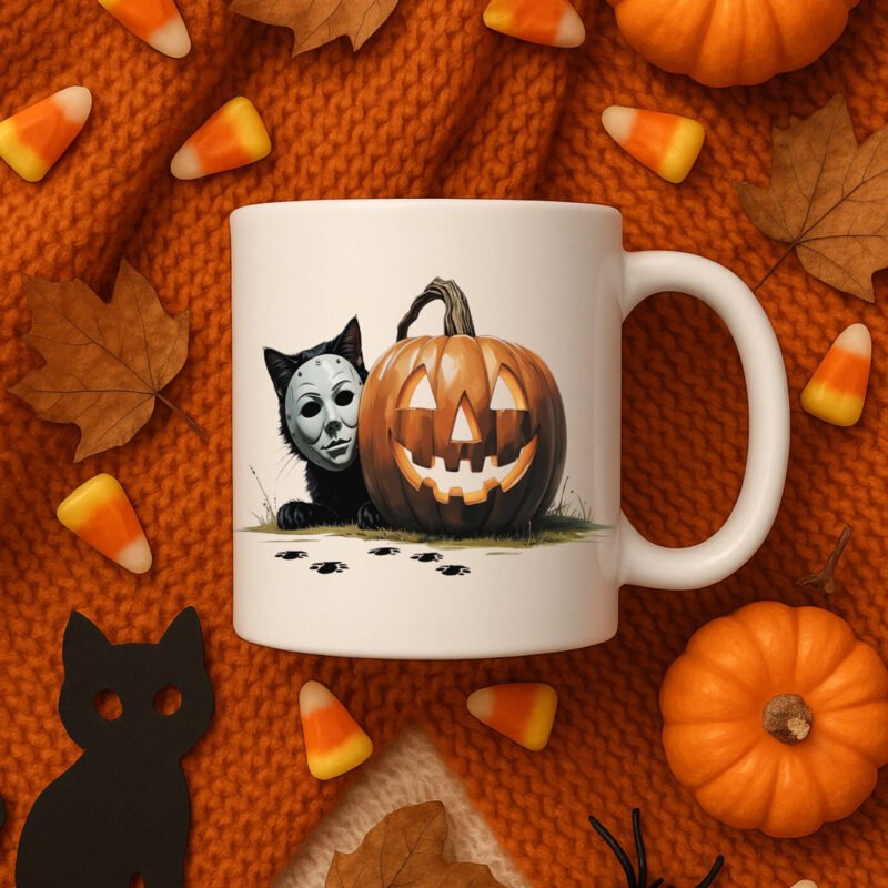 Michael Myers Cat Halloween Mug – Funny Pumpkin Horror Mug for Cat Lovers 11oz White Mug - Image 3