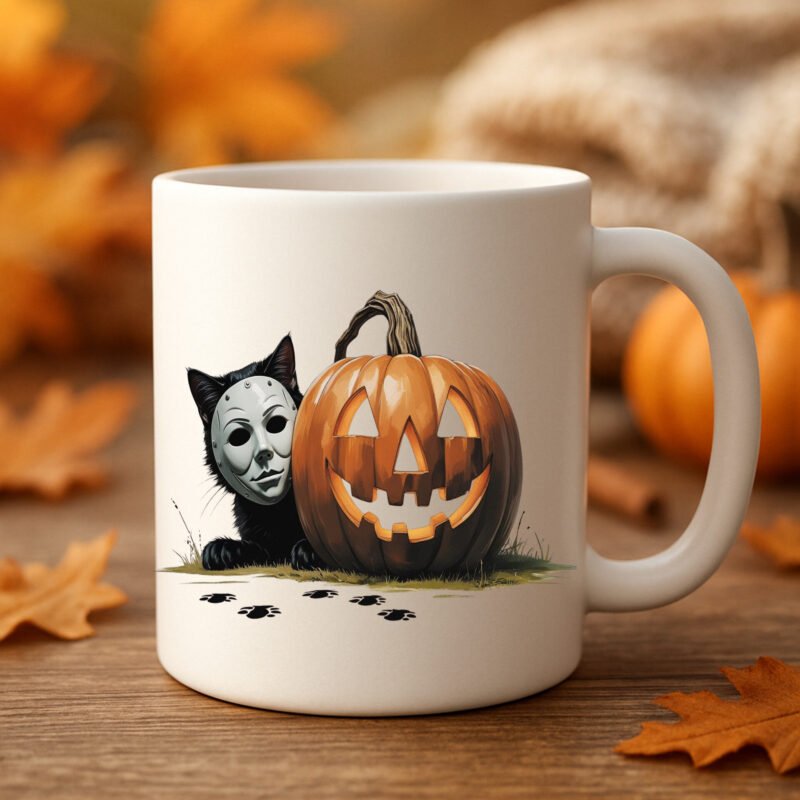 Michael Myers Cat Halloween Mug – Funny Pumpkin Horror Mug for Cat Lovers 11oz White Mug - Image 4