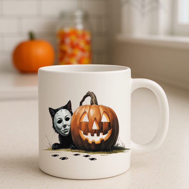 Michael Myers Cat Halloween Mug – Funny Pumpkin Horror Mug for Cat Lovers 11oz White Mug - Image 5
