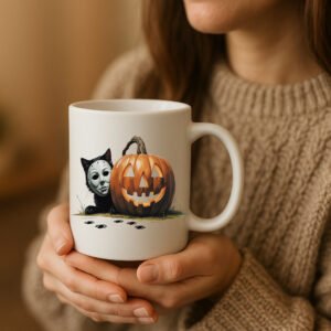 Michael Myers Cat Halloween Mug – Funny Pumpkin Horror Mug for Cat Lovers 11oz White Mug