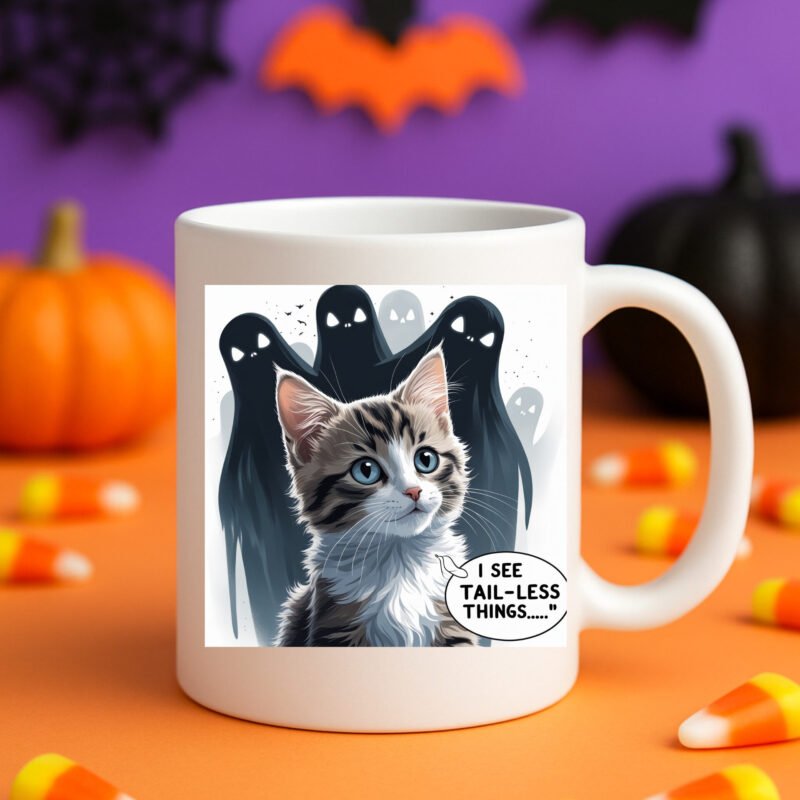I See Tail-less Things Mug – Funny Pet Lover Halloween Mug with Kitten Inspired by I See Dead People 11oz White Mug - Image 5