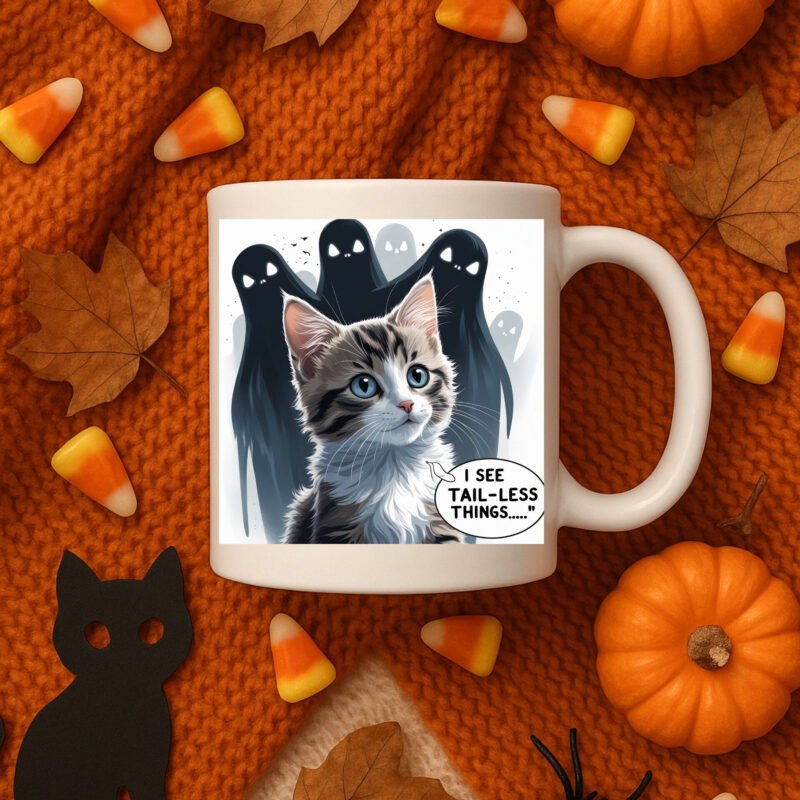 I See Tail-less Things Mug – Funny Pet Lover Halloween Mug with Kitten Inspired by I See Dead People 11oz White Mug - Image 4
