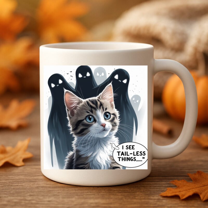 I See Tail-less Things Mug – Funny Pet Lover Halloween Mug with Kitten Inspired by I See Dead People 11oz White Mug - Image 3