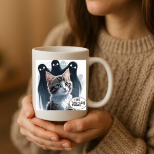I See Tail-less Things Mug – Funny Pet Lover Halloween Mug with Kitten Inspired by I See Dead People 11oz White Mug