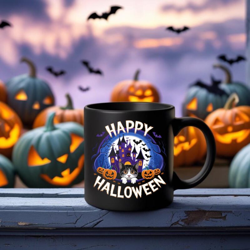Cute Halloween Cat Mug – Spooky Haunted House & Pumpkin Design 11oz Black Mug - Image 5