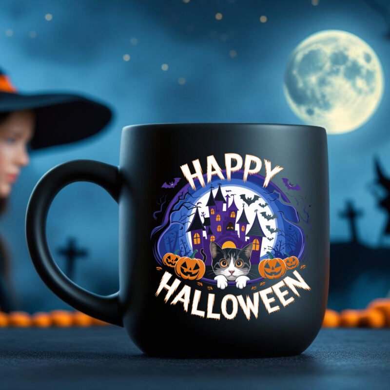 Cute Halloween Cat Mug – Spooky Haunted House & Pumpkin Design 11oz Black Mug - Image 4