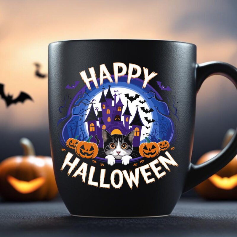 Cute Halloween Cat Mug – Spooky Haunted House & Pumpkin Design 11oz Black Mug - Image 3