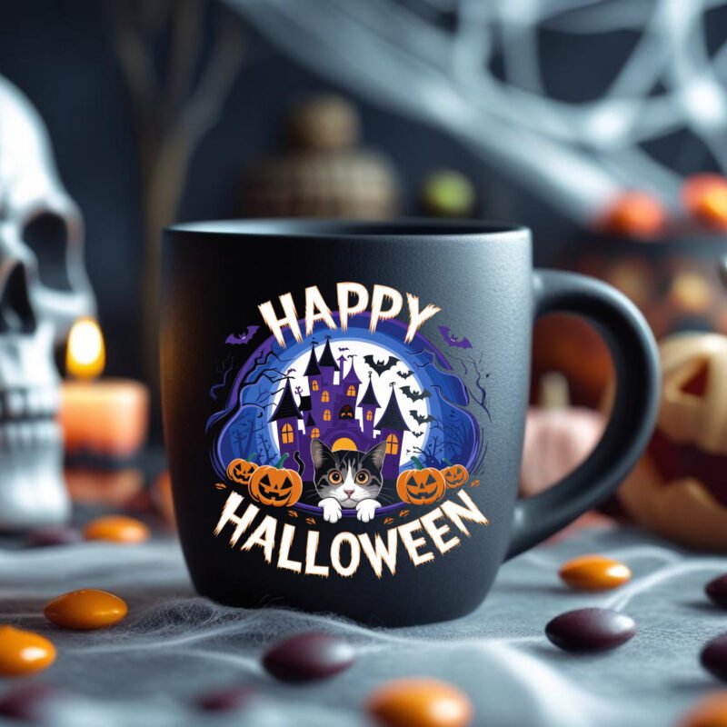 Cute Halloween Cat Mug – Spooky Haunted House & Pumpkin Design 11oz Black Mug - Image 2