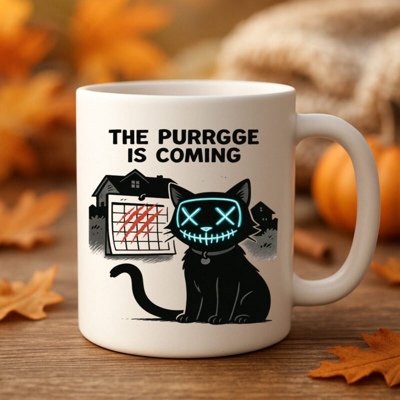 Cat Purge Halloween Mug – Funny Horror Movie Parody Coffee Cup for Cat Lovers 11oz White Mug - Image 6