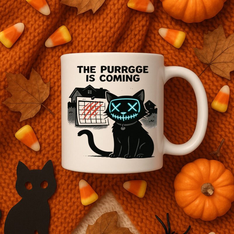 Cat Purge Halloween Mug – Funny Horror Movie Parody Coffee Cup for Cat Lovers 11oz White Mug - Image 5