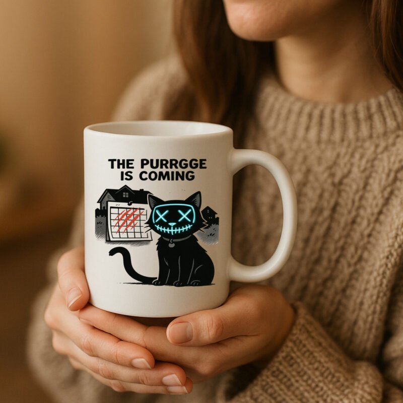 Cat Purge Halloween Mug – Funny Horror Movie Parody Coffee Cup for Cat Lovers 11oz White Mug - Image 4