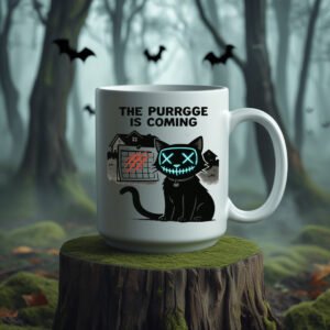 Cat Purge Halloween Mug – Funny Horror Movie Parody Coffee Cup for Cat Lovers 11oz White Mug