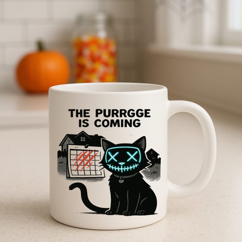 Cat Purge Halloween Mug – Funny Horror Movie Parody Coffee Cup for Cat Lovers 11oz White Mug - Image 2