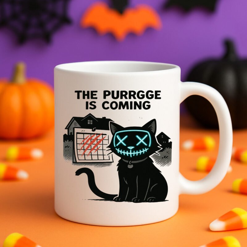 Cat Purge Halloween Mug – Funny Horror Movie Parody Coffee Cup for Cat Lovers 11oz White Mug - Image 7