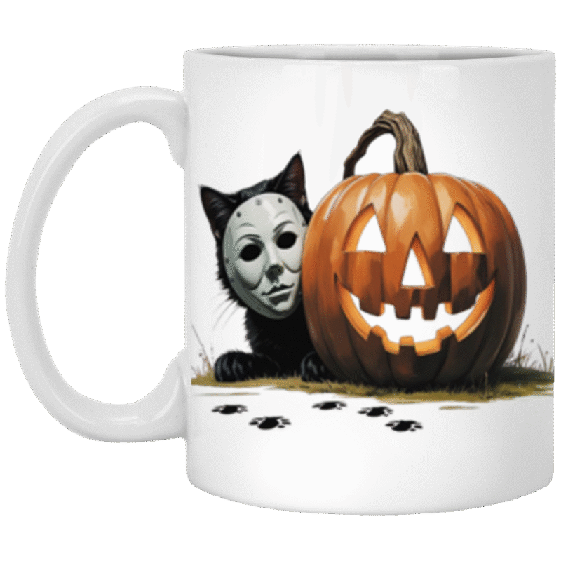 Michael Myers Cat Halloween Mug – Funny Pumpkin Horror Mug for Cat Lovers 11oz White Mug - Image 6