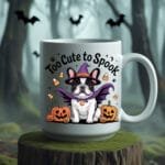 Too Cute to Spook Halloween Dog Mug – Funny French Bulldog Coffee Cup | Cute Pumpkin Witch Gift 11oz White Mug