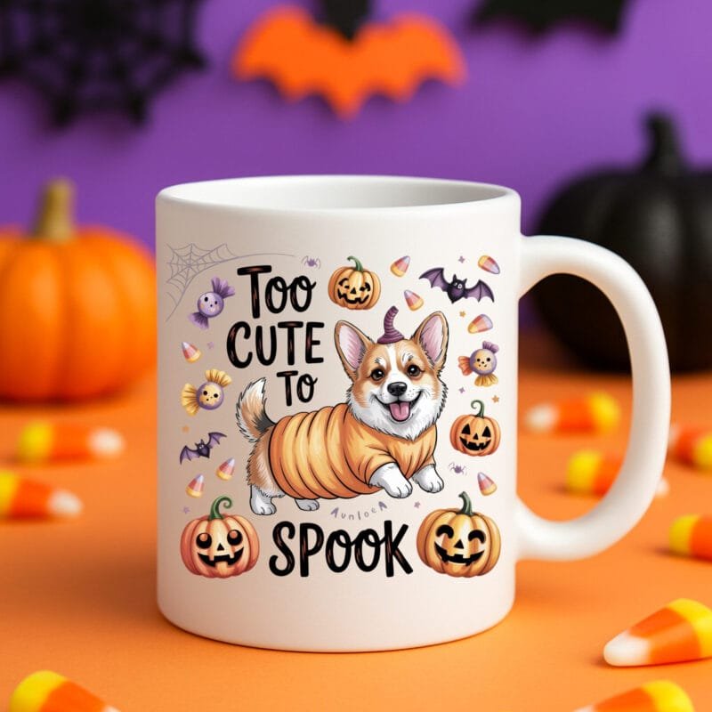 Too Cute to Spook Halloween Dog Mug – Corgi Pumpkin Design for Pet Lovers 11oz White Mug - Image 4